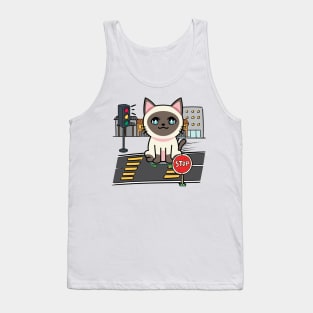 Cute Siamese cat is skate boarding on the street Tank Top